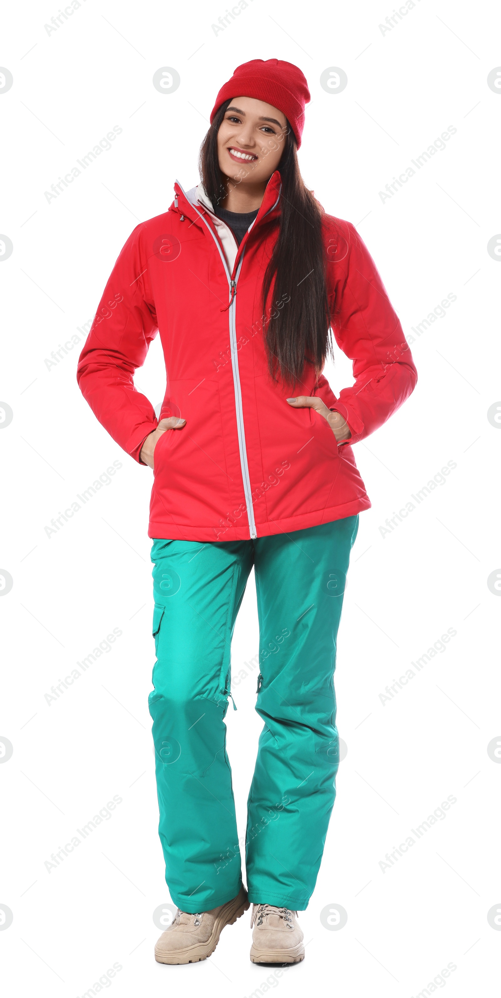 Photo of Woman wearing stylish winter sport clothes on white background