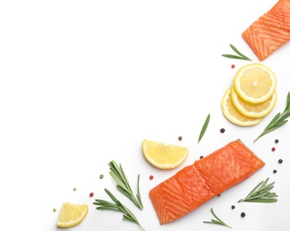 Photo of Composition with fresh raw salmon fillets on white background, top view. Space for text
