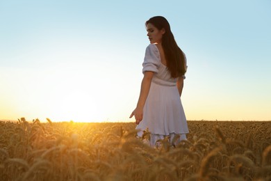 Photo of Beautiful young woman in ripe wheat field on sunny day, space for text