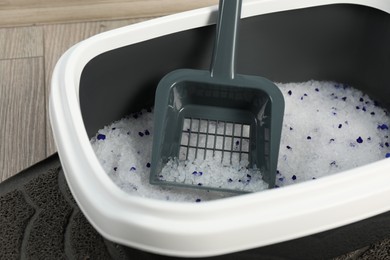 Cat tray with crystal litter and scoop on floor, closeup