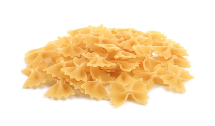 Photo of Pile of raw farfalle pasta isolated on white
