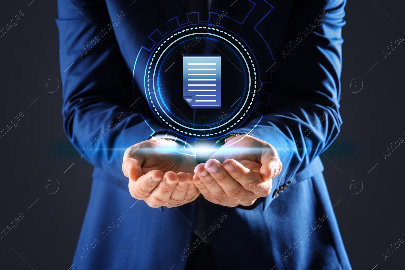 Image of Man holding virtual icon of computer file on dark background, closeup