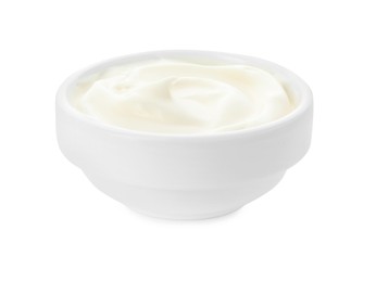 Photo of Tasty fresh mayonnaise sauce in bowl isolated on white