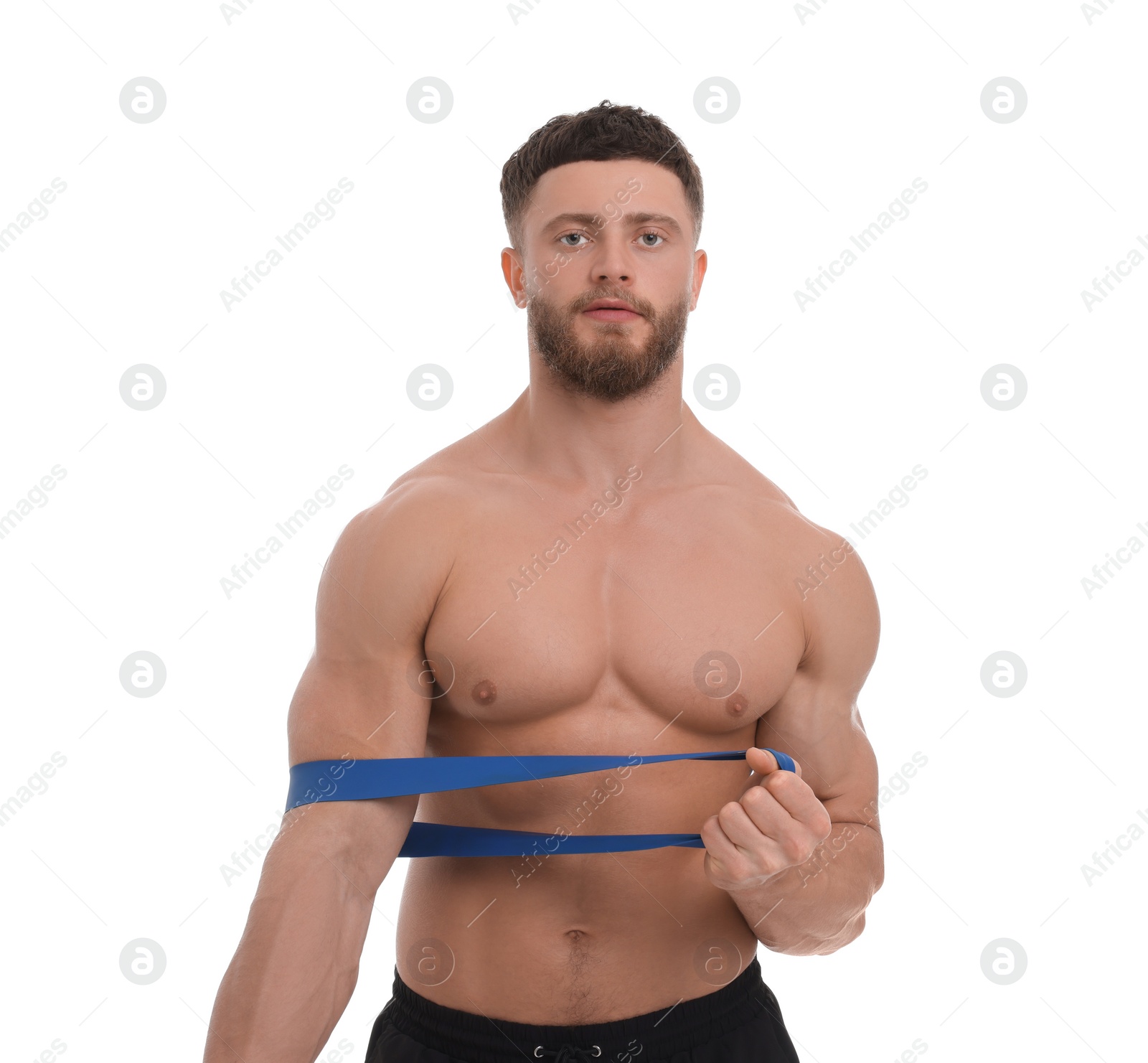 Photo of Young man exercising with elastic resistance band on white background