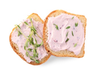 Photo of Tasty sandwiches with cream cheese and thyme isolated on white, top view