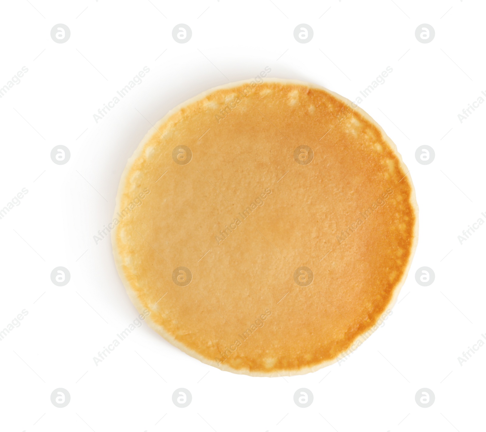 Photo of Fresh tasty pancake on white background, top view