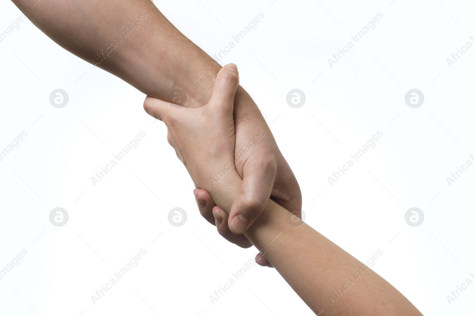 Photo of Man and woman holding hands together on white background, closeup