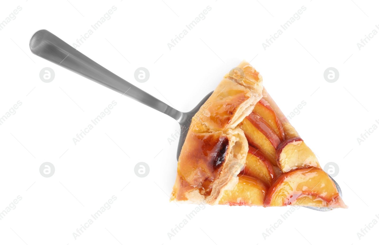 Photo of Slice of delicious fresh peach pie isolated on white, top view