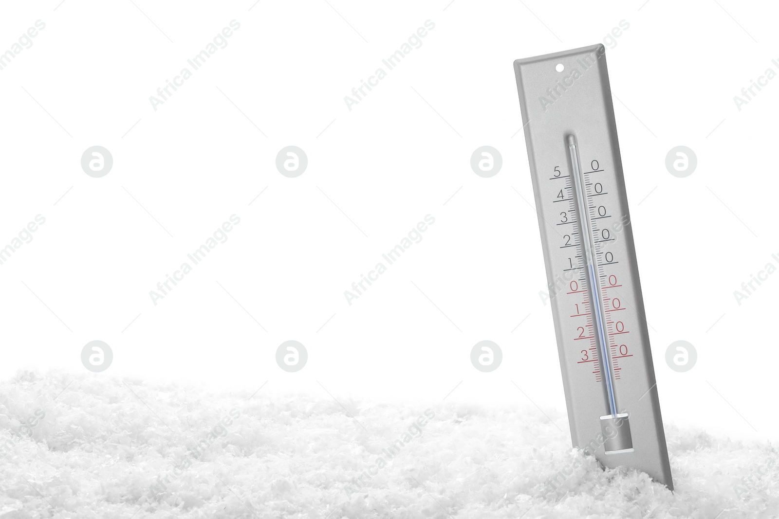 Photo of Weather thermometer in snow against white background