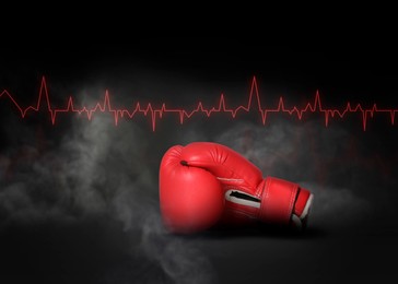 Image of Red boxing glove, illustration of cardiogram and smoke on black background