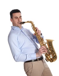 Photo of Young man playing saxophone on white background