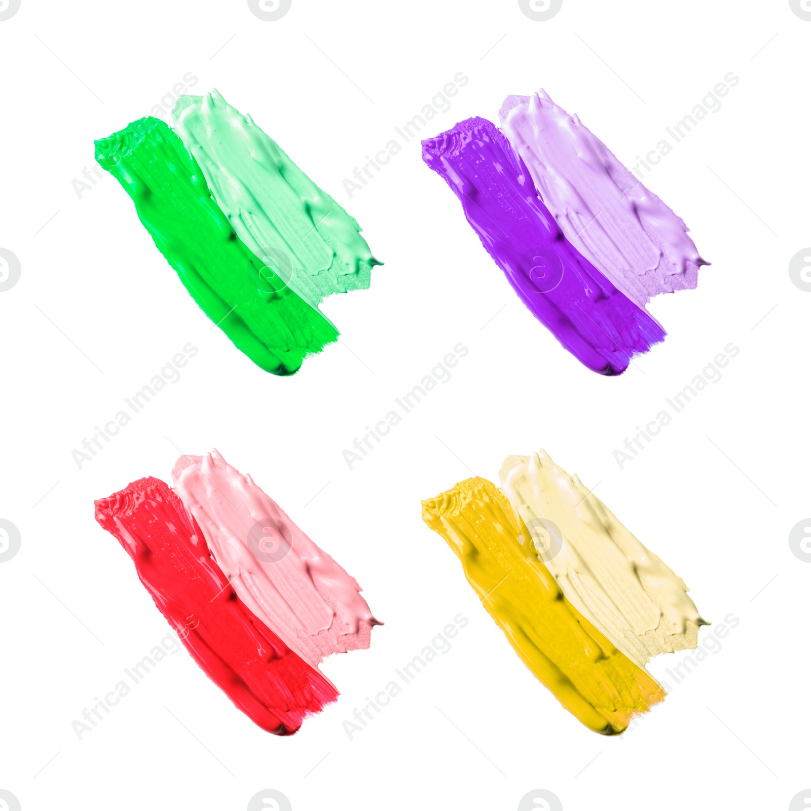 Image of Paint strokes of different colors on white background, top view