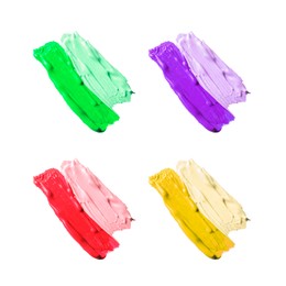 Paint strokes of different colors on white background, top view