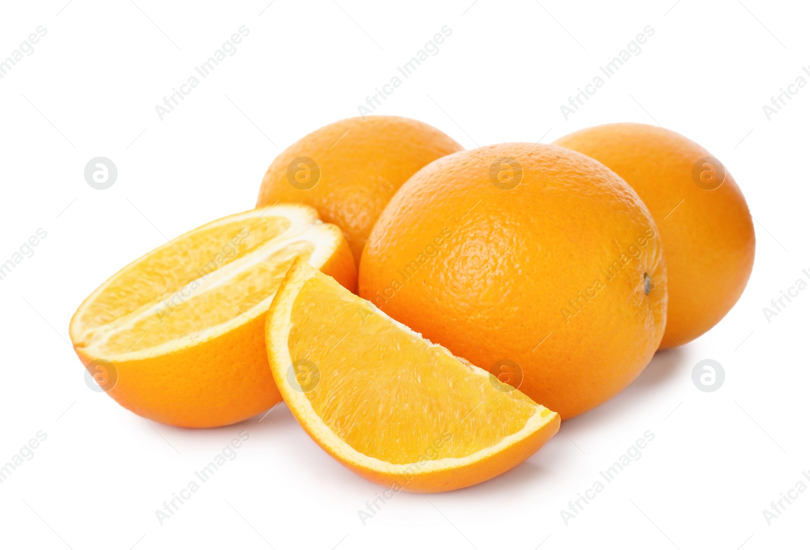 Photo of Fresh oranges with leaves isolated on white