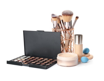 Photo of Set of makeup products and accessories on white background