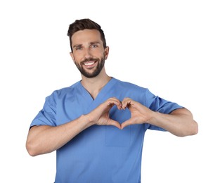 Doctor making heart with hands on white background
