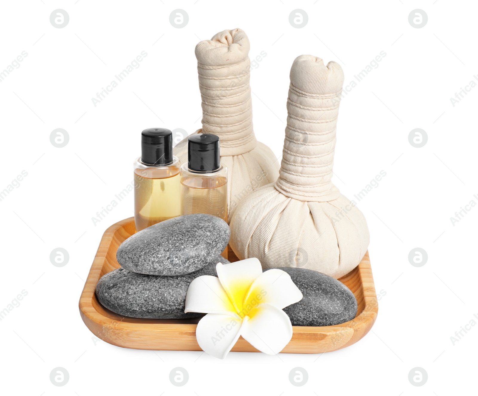 Photo of Beautiful spa composition with herbal bags isolated on white