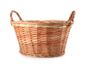 Photo of Wicker basket with handles isolated on white