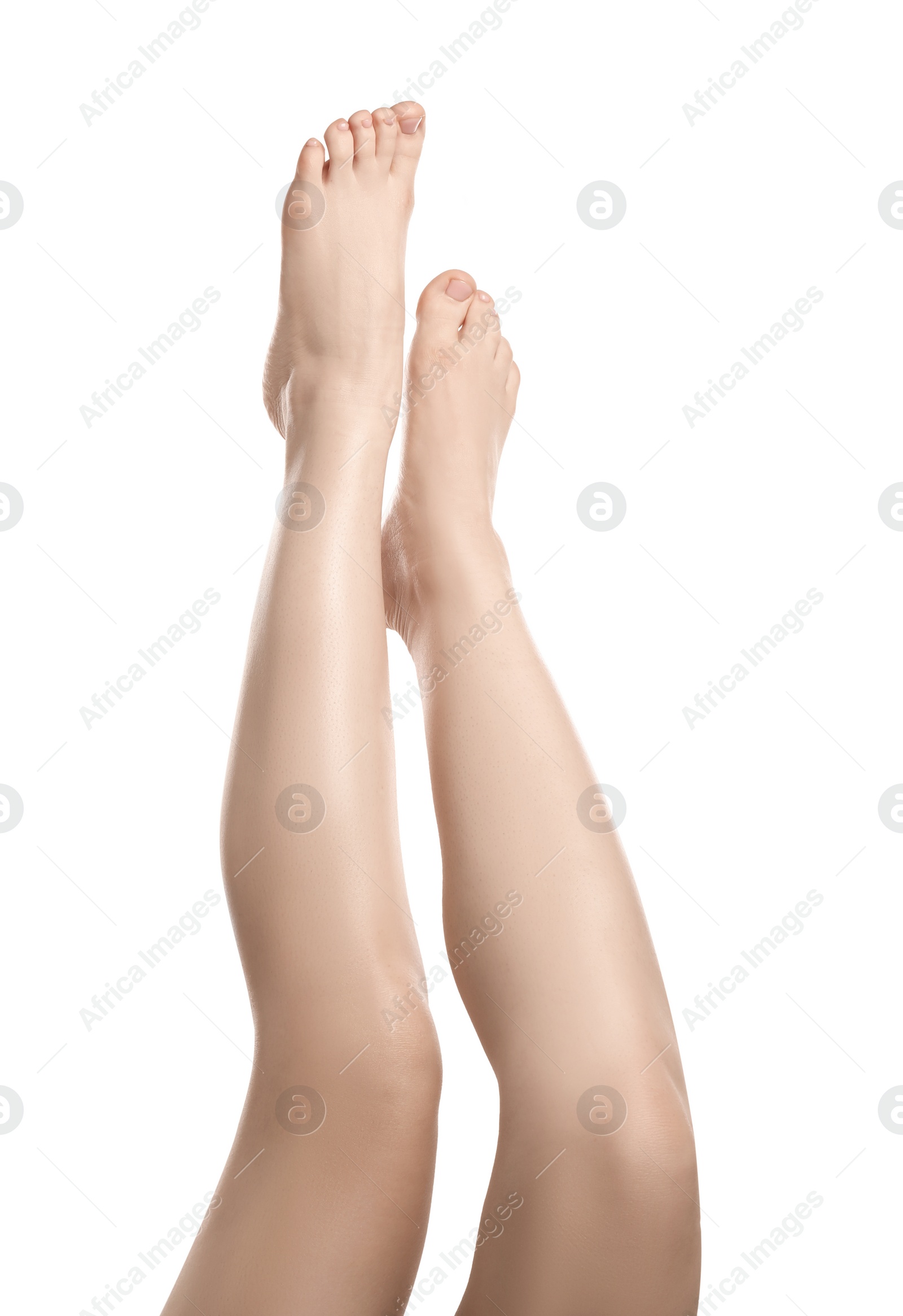 Photo of Woman with beautiful legs isolated on white, closeup