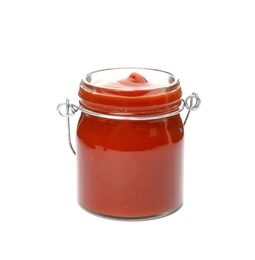 Tasty homemade tomato sauce in glass jar on white background