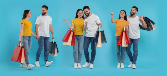 Happy couple with shopping bags on light blue background, set with photos