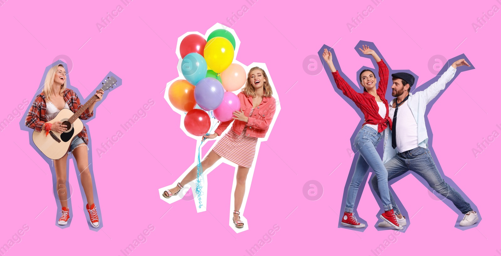 Image of Pop art poster. Happy women and man on pink background. Banner design
