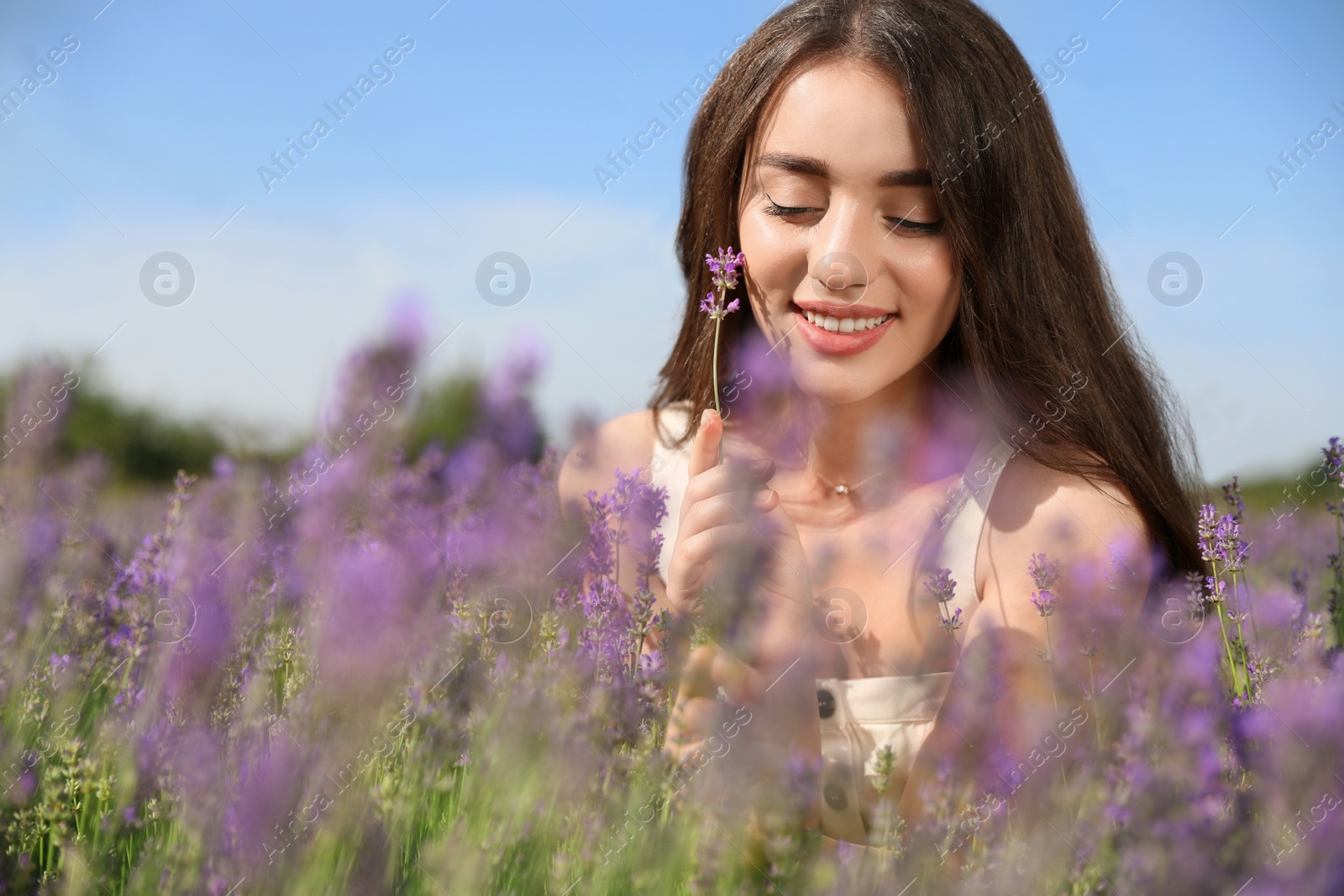 Photo of Young woman in lavender field on summer day