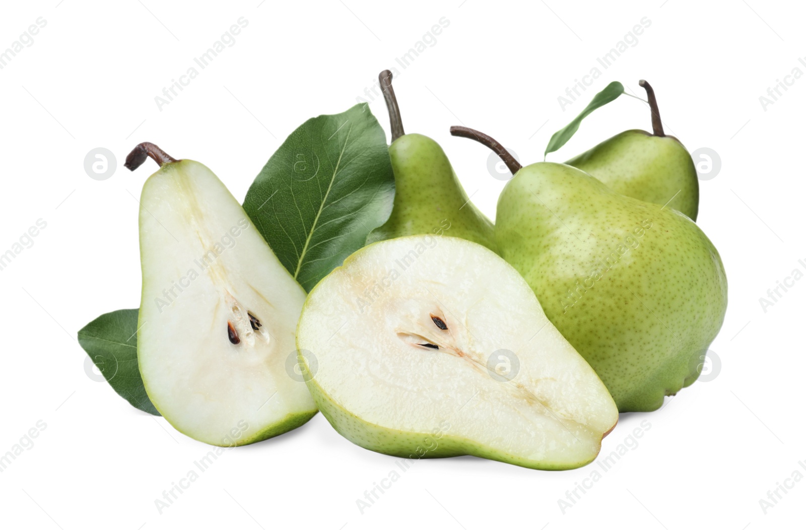 Photo of Whole and cut fresh ripe pears on white background