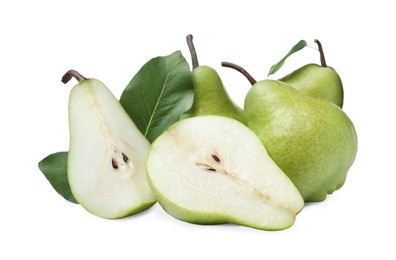 Photo of Whole and cut fresh ripe pears on white background