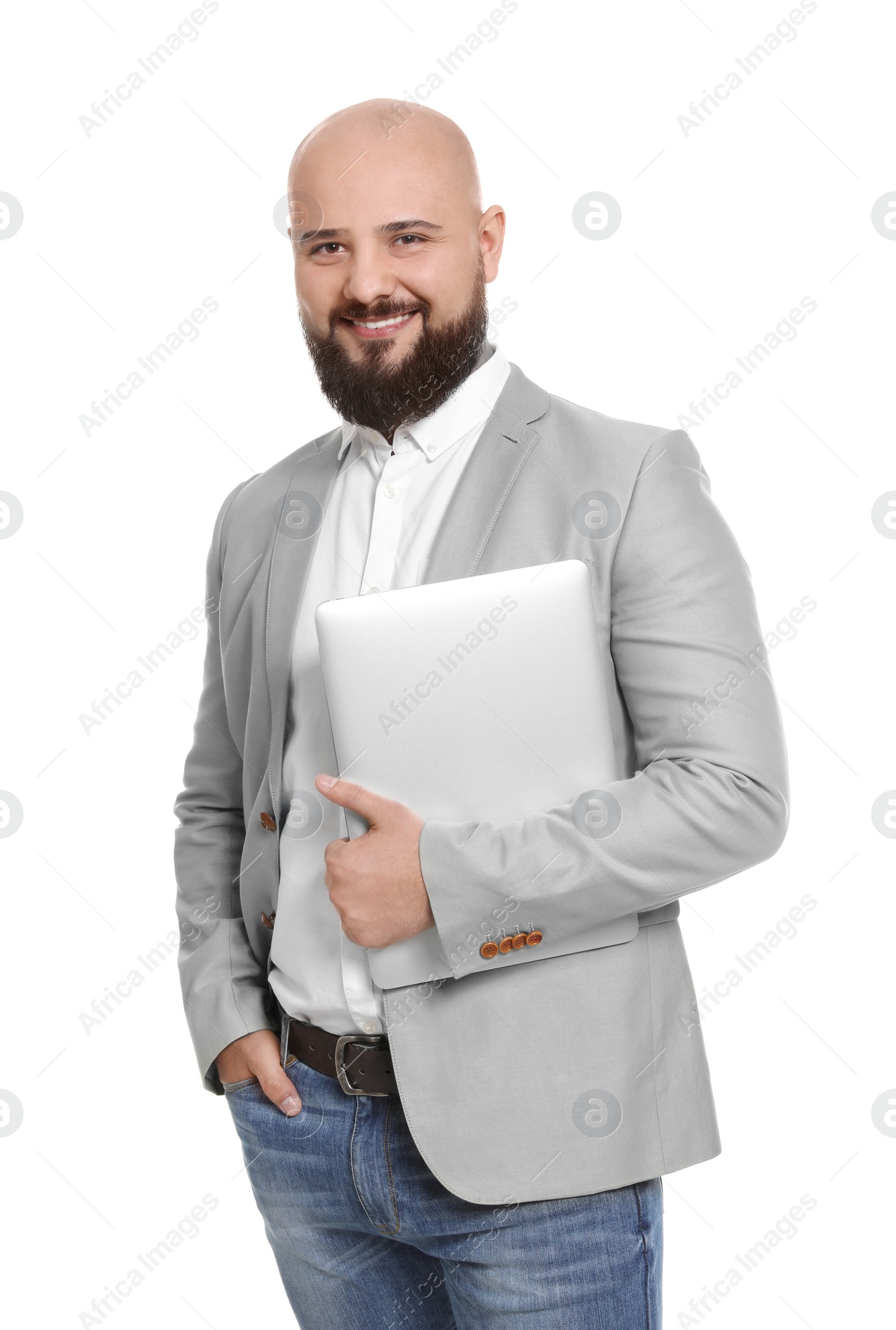 Photo of Portrait of confident young businessman with laptop on white background