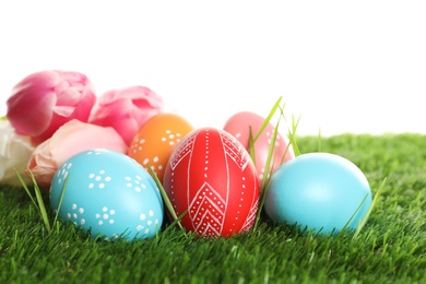 Colorful painted Easter eggs and spring flowers on green grass against white background