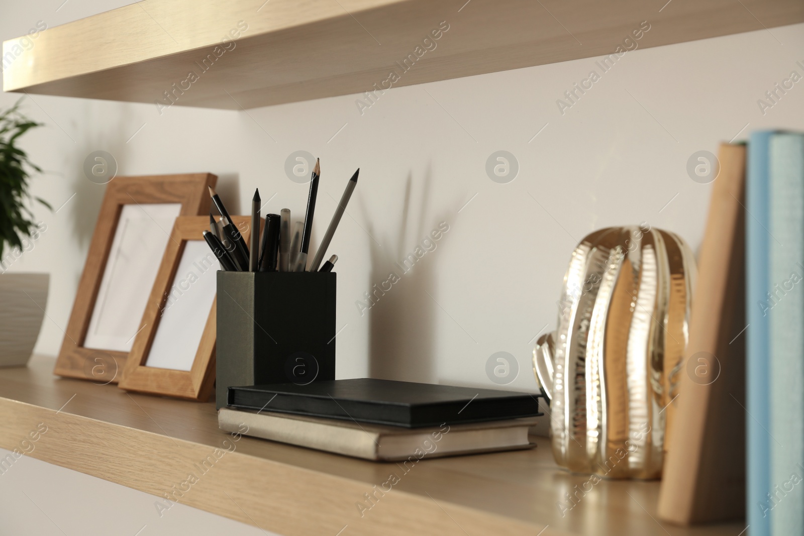 Photo of Wooden shelves with books and decorative elements on light wall