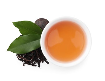 Photo of Traditional Chinese pu-erh tea, freshly brewed beverage and green leaves isolated on white, top view