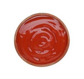 Photo of Bowl of tasty ketchup isolated on white, top view. Tomato sauce