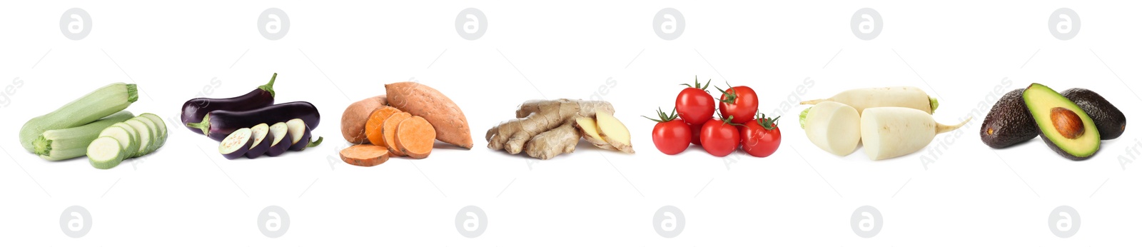 Image of Collection of different fresh vegetables on white background. Banner design