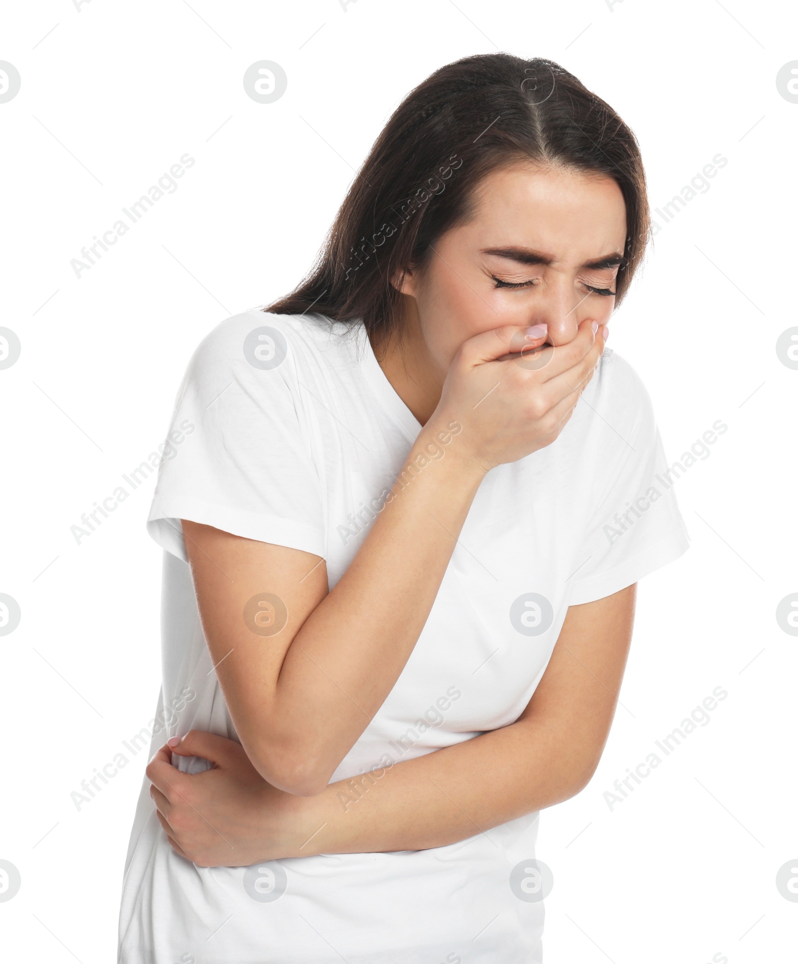 Photo of Young woman suffering from stomach ache and nausea on white background. Food poisoning
