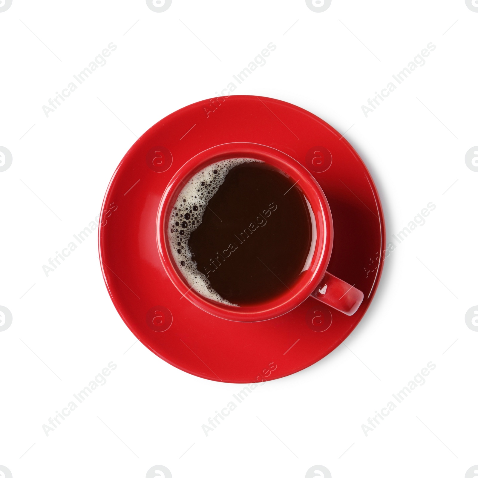 Photo of Tasty coffee in cup isolated on white, top view