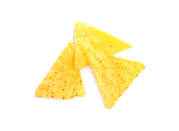 Tasty tortilla chips (nachos) on white background, top view