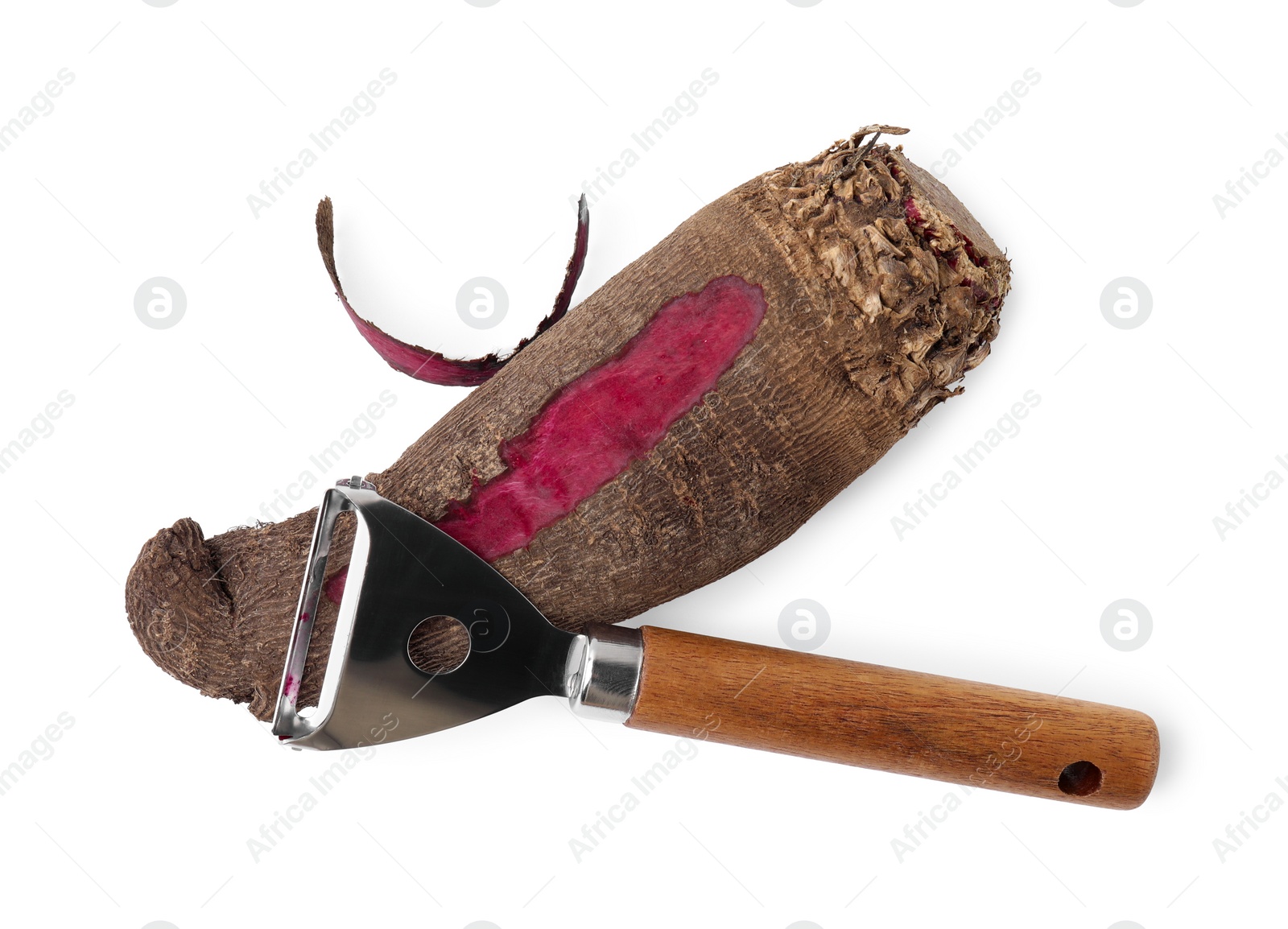 Photo of Ripe red beet and vegetable peeler isolated on white, top view