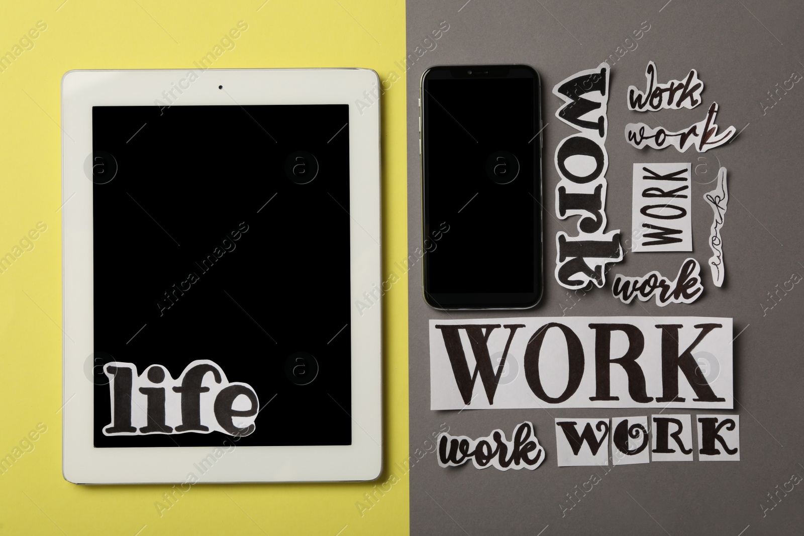 Photo of Tablet, smartphone and many paper pieces on color background, flat lay. Life work balance concept