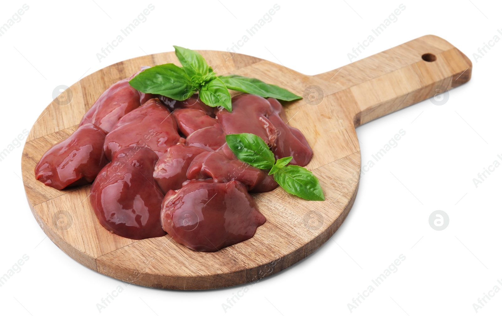 Photo of Wooden board with pieces of raw chicken liver isolated on white