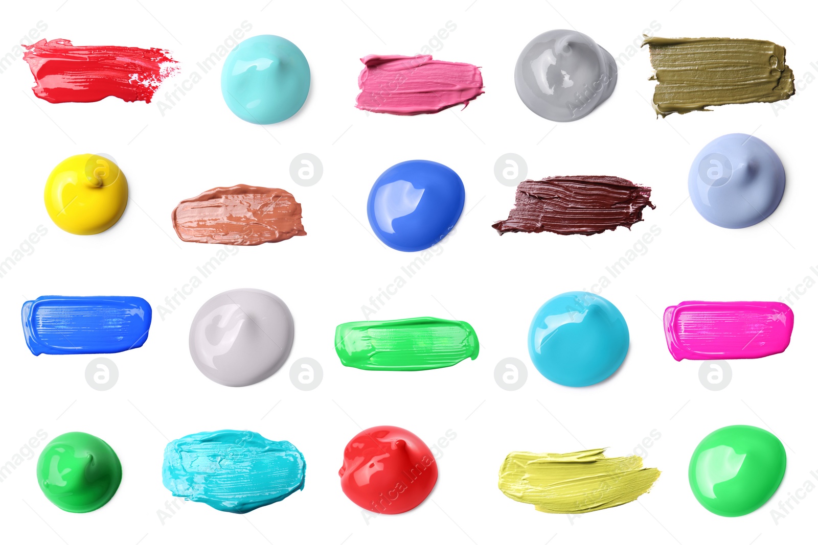 Image of Paint blobs and strokes of different colors on white background, top view