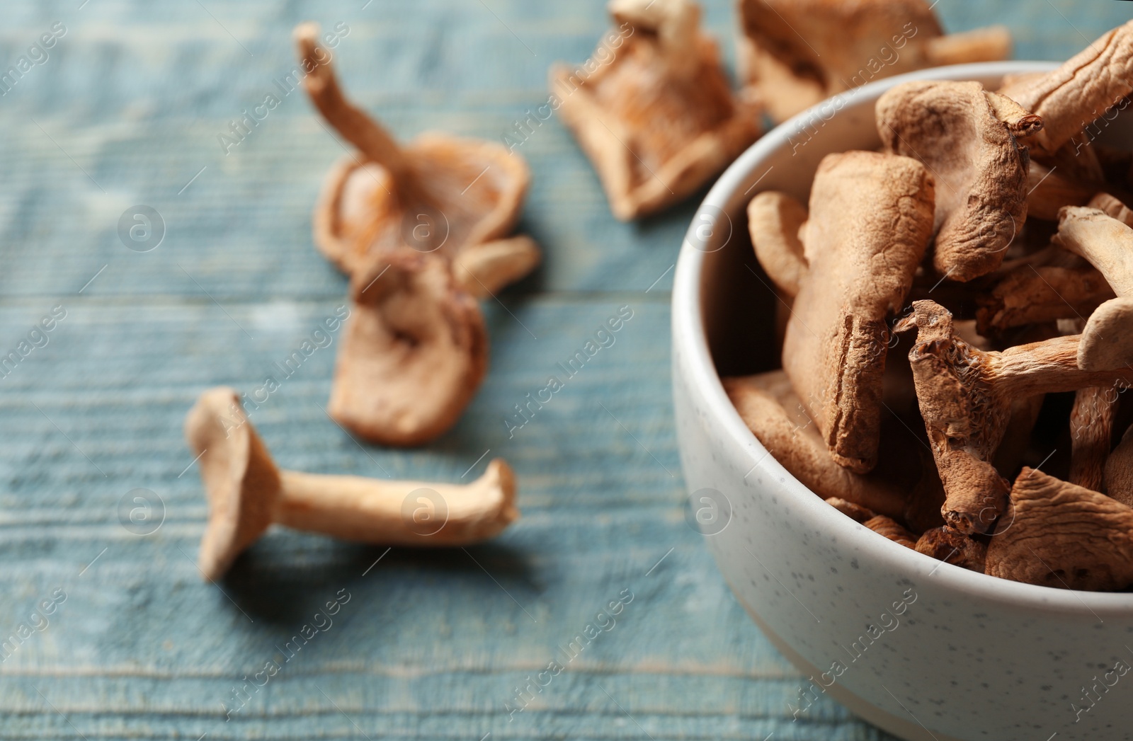 Photo of Composition of dried mushrooms and bowl on color background, closeup