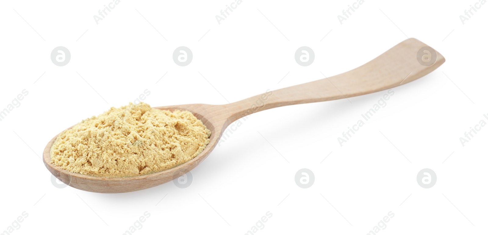 Photo of Wooden spoon with aromatic mustard powder on white background