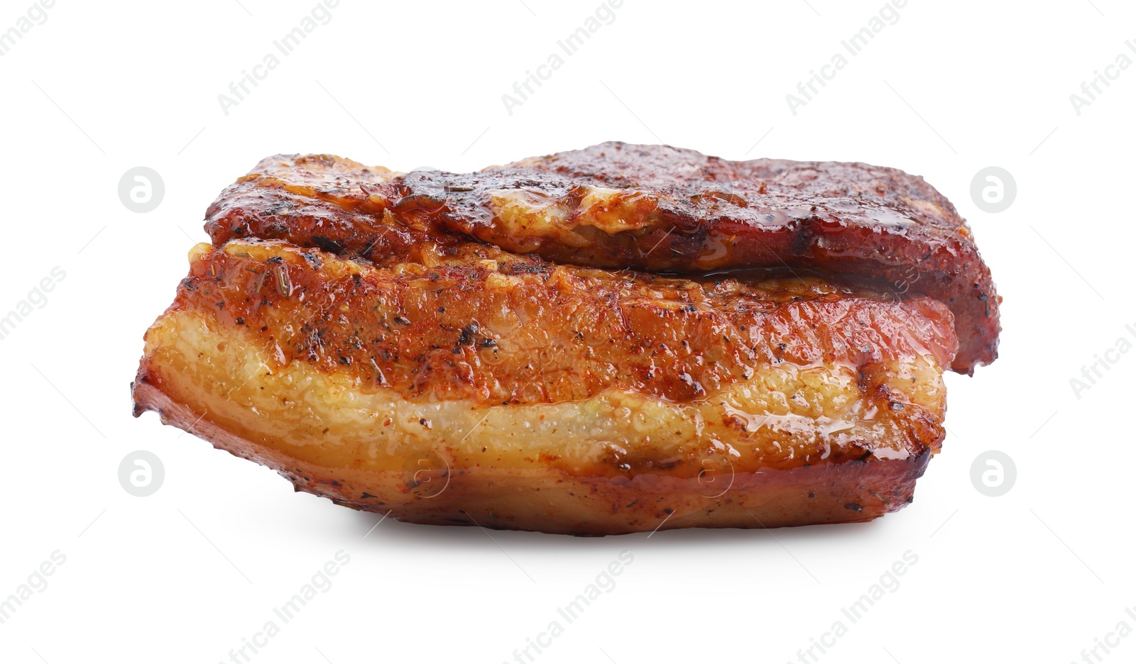 Photo of Piece of tasty baked pork belly isolated on white