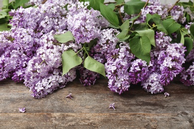 Photo of Blossoming lilac on wooden background. Spring flowers