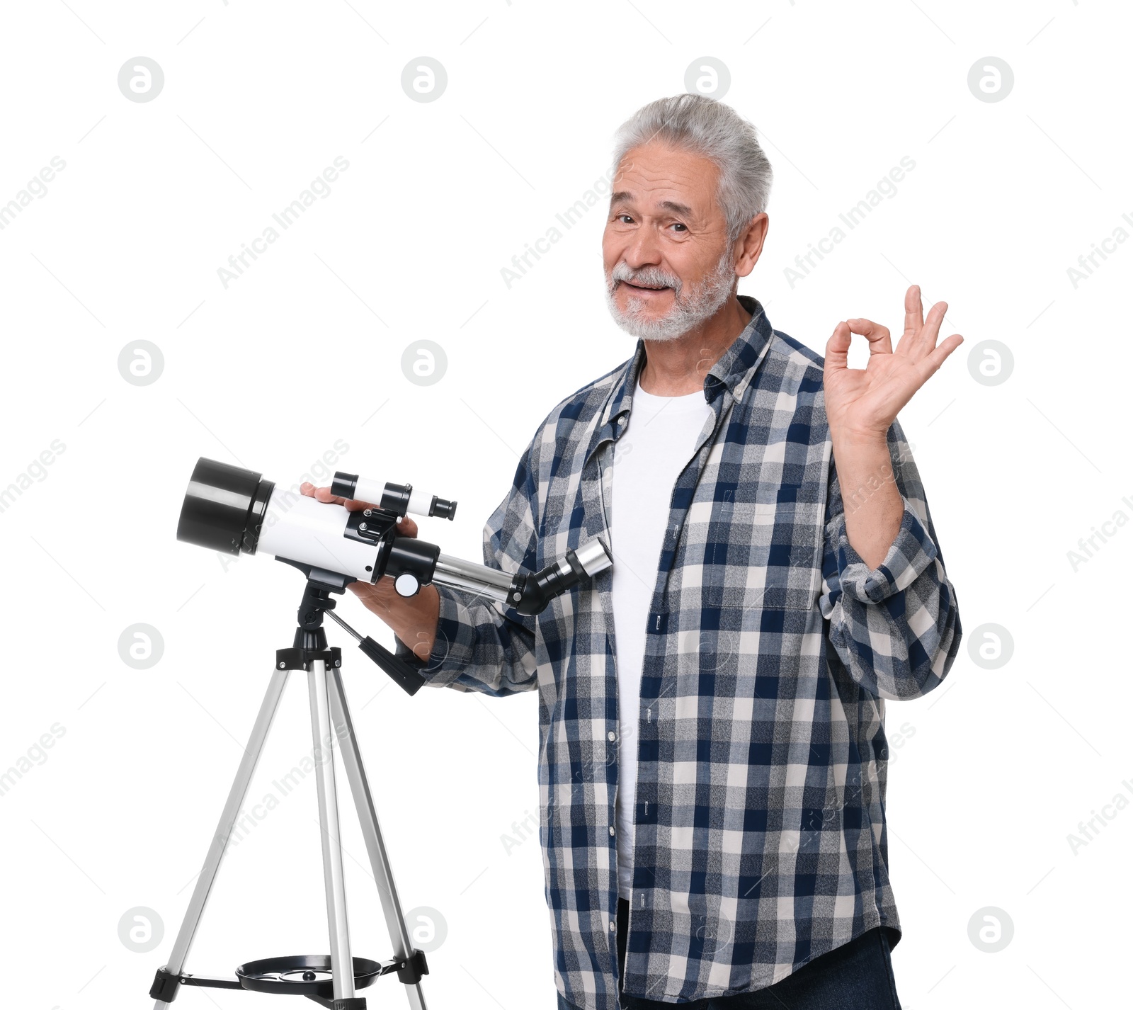Photo of Senior astronomer with telescope showing okay gesture on white background