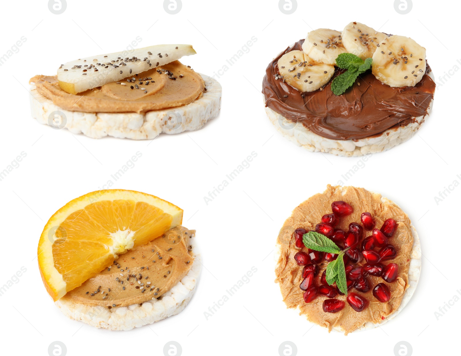 Image of Set of puffed corn cakes with different toppings on white background