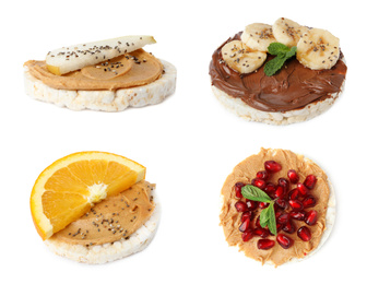 Set of puffed corn cakes with different toppings on white background