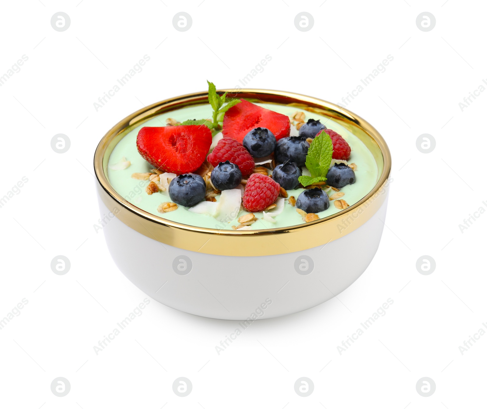 Photo of Tasty matcha smoothie bowl served with berries and oatmeal isolated on white. Healthy breakfast